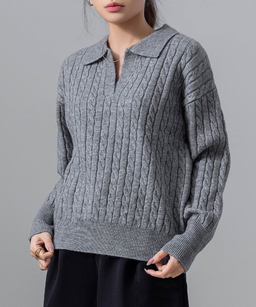 セール】長袖 もちっと柔らか ケーブル×リブ編み スキッパー