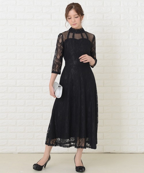 セール】ハイネック 七分袖 総レース ロング丈ワンピースドレス