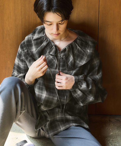 セール】《追加2》BLACK フリルチェックブラウス（シャツ/ブラウス