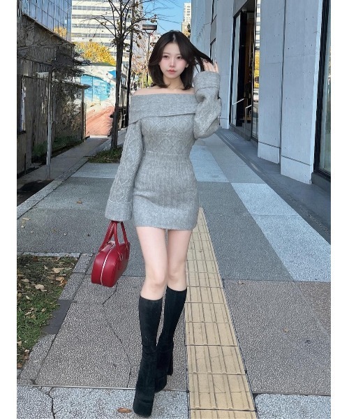 ヘアリーオフショルニットミニワンピース（ワンピース）｜Darich
