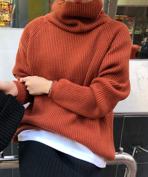 レディース リブ編み中厚手タートルネックセーター（ニット/セーター