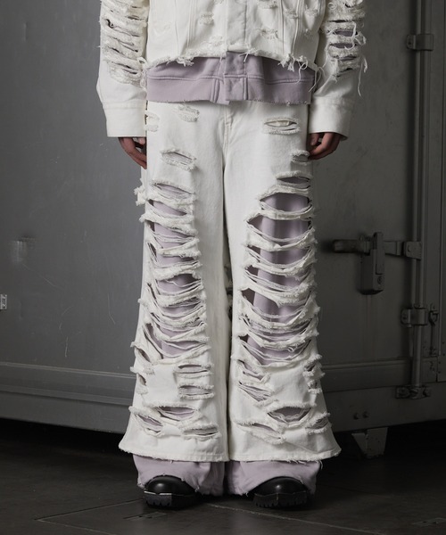 GRANCY】Sweat Docking Design Damage Buggy Denim Pants / スウェット