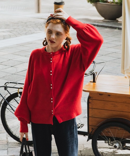 セール】ラグランボリュームスリーブ パールボタンニットカーディガン