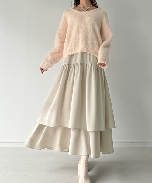 セール】バックリボンニット+ティアードフレアキャミワンピースset[高