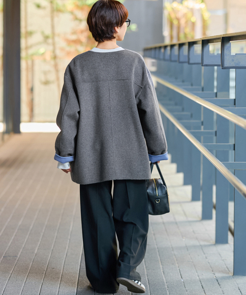 セール】《新色》リバーシブルノーカラーショートコート（ノーカラー