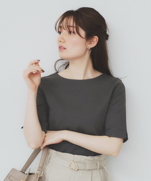 セール】《7色展開/XS-LLサイズ》ボートネックリブトップス【UV/洗濯機