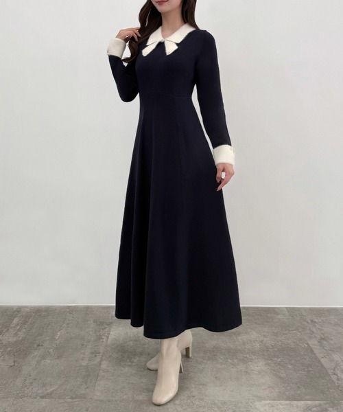 バイカラーリボンニットワンピース[高身長サイズMT/低身長サイズS有り