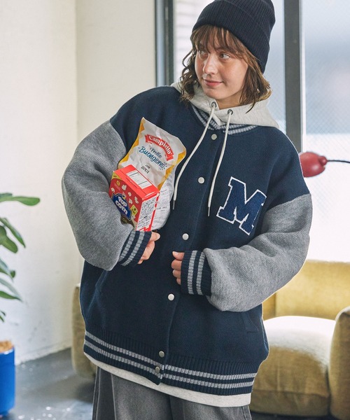 ワッペン刺繍 配色ニットスタジャン MONO-MART LADY'S│MONO-MART