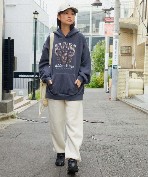 ヴィンテージライクピグメントロックプリント ビッグシルエット裏起毛