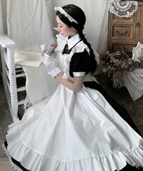 コスプレ ロングメイド服 半袖 3点セット レディース クリスマス X