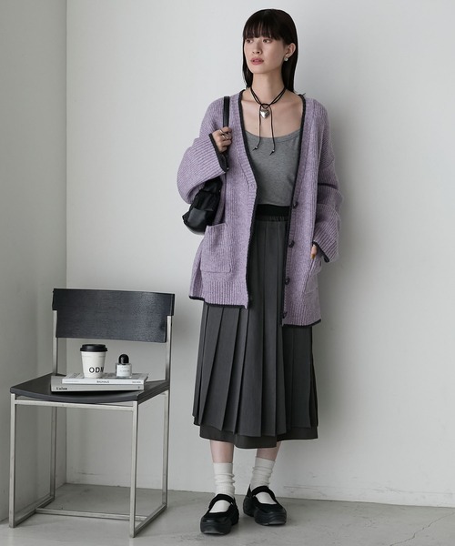 forksy.】バイカラーラインオーバーサイズカーディガン（カーディガン