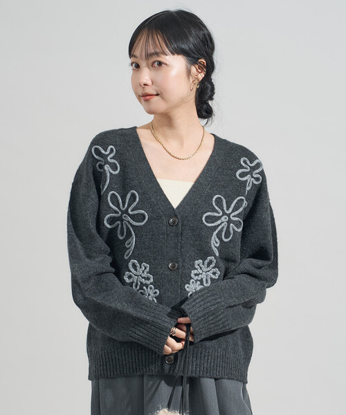 セール】配色 コード刺繍 花柄 ニット カーディガン（カーディガン