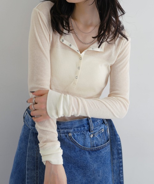 セール】ヘンリーネックシアートップス（Tシャツ/カットソー）｜andme