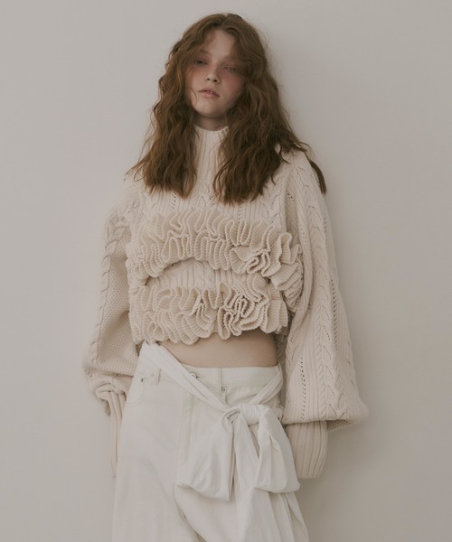 セール】ニッティングパターンボリュームフリルボレロニット（ニット