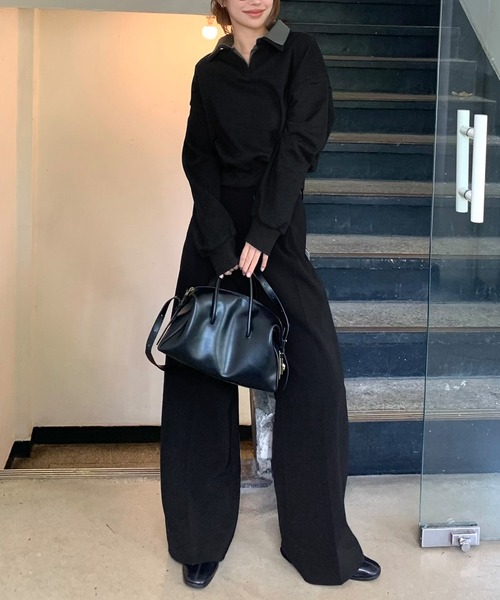 シャツレイヤードクロップド丈オーバーサイズスウェットトップス