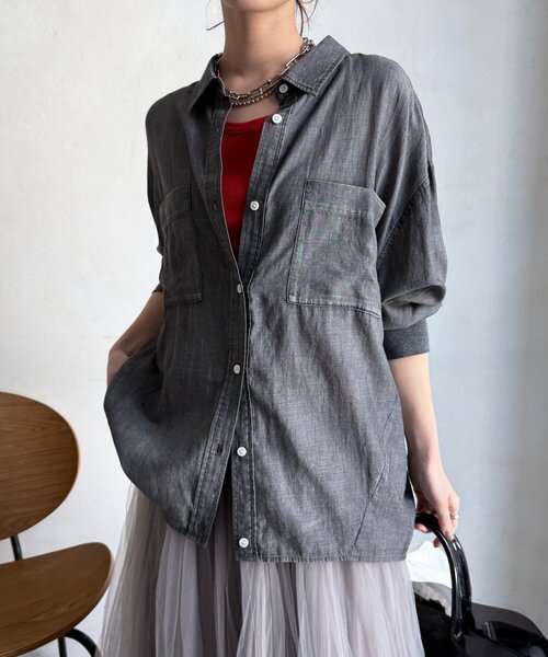 DouDou（ドゥドゥ）の「袖リブシアーデニムシャツ（シャツ/ブラウス