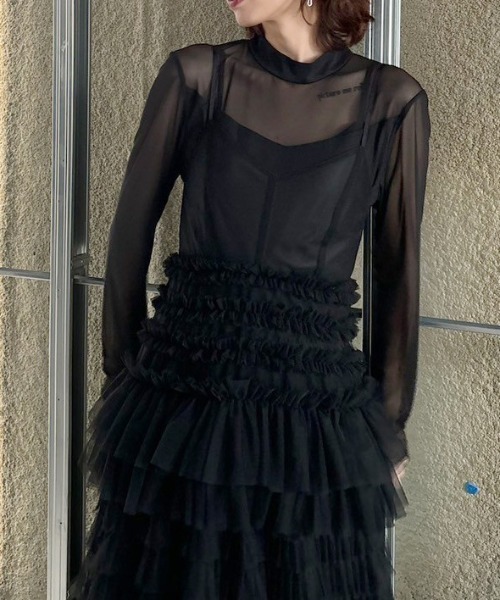 Ameri（アメリ）の「BLACK TULLE RAFFLE CAMI TOP（その他トップス