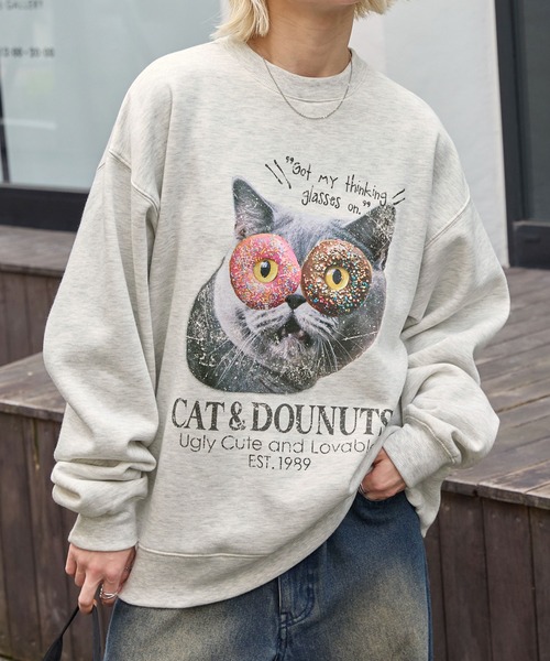 キャットグラフィックオーバーサイズスウェット/GALAXY＆DOUNUTS MONO