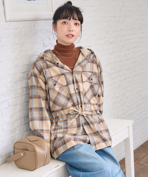 セール】フード付き チェックシャツ チュニック（シャツ/ブラウス