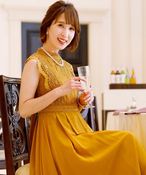 スタンドカラーワンピースドレスノースリーブ&ロング結婚式フォーマル