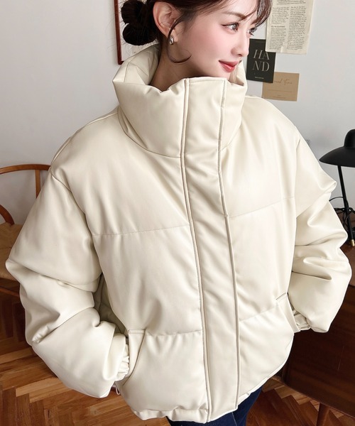 セール】スタンドカラーファイバーダウンソフトフェイクレザーブルゾン