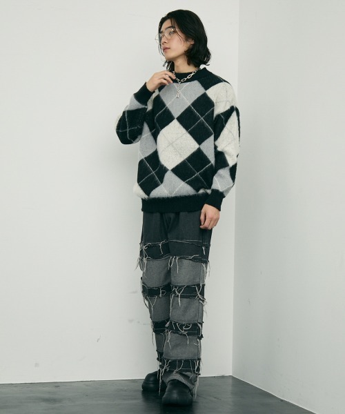 セール】Mohair like jacquard argyle knit sweater / モヘアライク