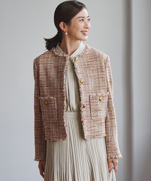 GIOLICAツイード ノーカラー ボタン ジャケット（ノーカラージャケット