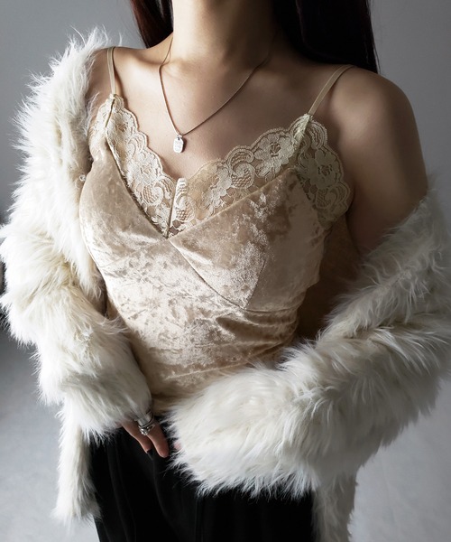 カップ付き 】ベロアレースクロップドキャミビスチェ ／ velor lace