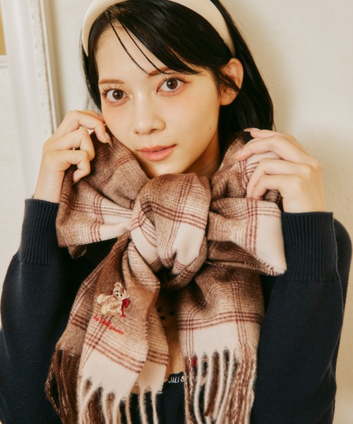BEARシリーズ＞Holidayベア刺繍チェックストール/マフラー ギフト