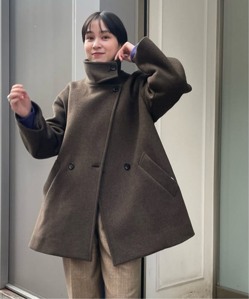 美品 L'ESSAGE MANTECOトップビーバースタンドショートコートカーキ