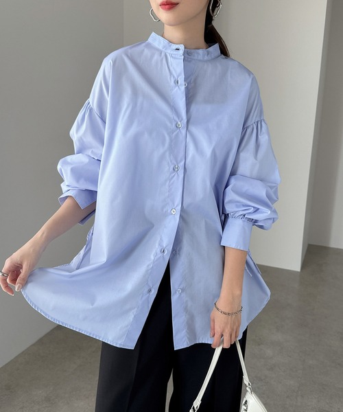 セール】袖リボンバンドカラー長袖シャツブラウス【無地/ストライプ