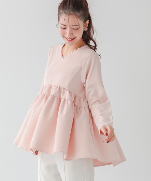 セール】【ZOZO限定カラー】Vネックパールギャザーフレアトップス