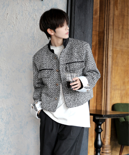 セール】【neos】ショート丈 ビッグカフス ノーカラー ツイード