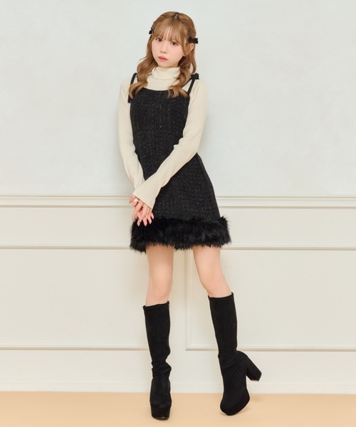 セール】【ペチコート付き】肩リボンツイードミニキャミワンピース