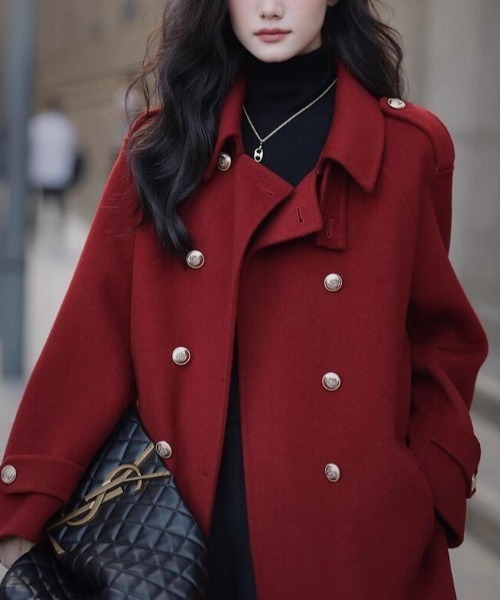 ダブルブレストベルト付きミドルレングスコート（ピーコート