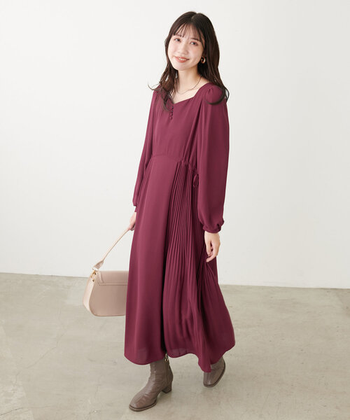 セール】【canami】ハートネック両サイドプリーツワンピース