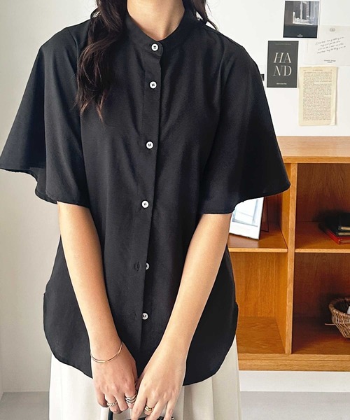 セール】無地/ストライプ フレアー袖バンドカラーシャツブラウス