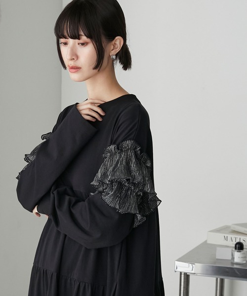 forksy.】ラメフリルロングスリーブティアードカットワンピース forksy