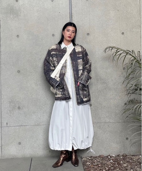 Ameri（アメリ）の「LADY LIKE PRINT TWEEDS JACKET（ノーカラー