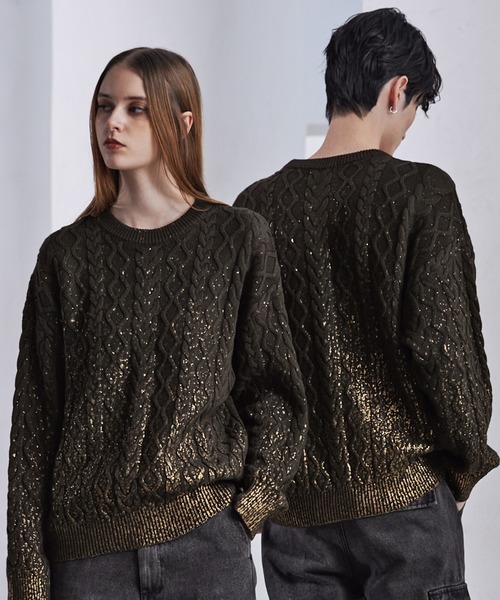 CLEL】Foil Print Cable Crew Neck Knit / 箔プリント ケーブルクルー