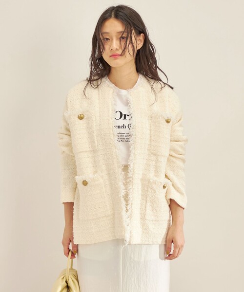 セール】〈手洗い可能〉ニット ツイード クルーネック カーディガン
