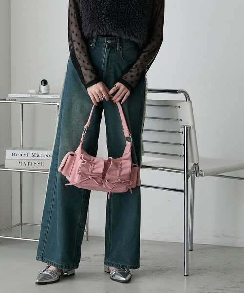 forksy.】ギャザーリボンデザインポケットハンドバッグ/ショルダー