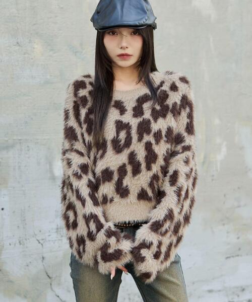 WEGO/【25年秋冬新作】レオパードシャギーショートニット（ニット