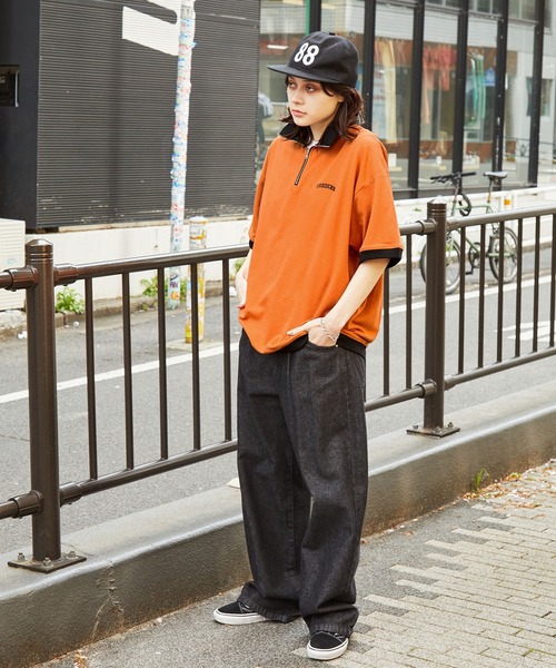 CODDERR】ロゴ刺繍 ハーフジップ ビッグシルエット裏毛半袖プル