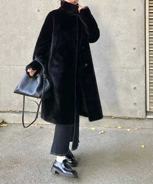 stand collar fur coat /スタンドカラーボタンファーミドルコート