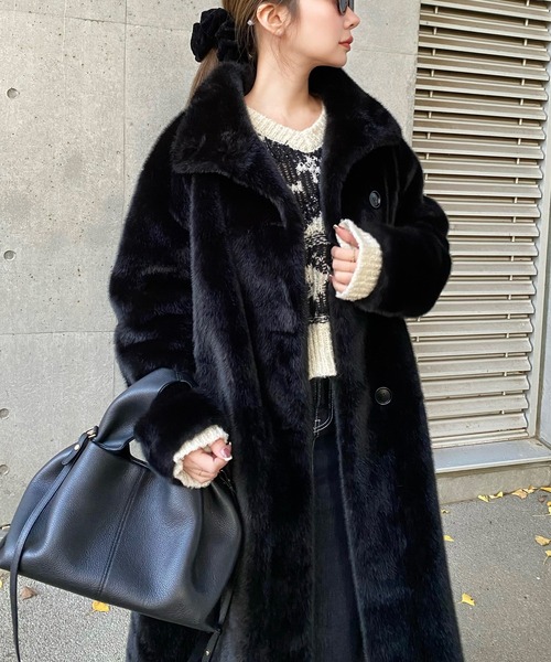 stand collar fur coat /スタンドカラーボタンファーミドルコート