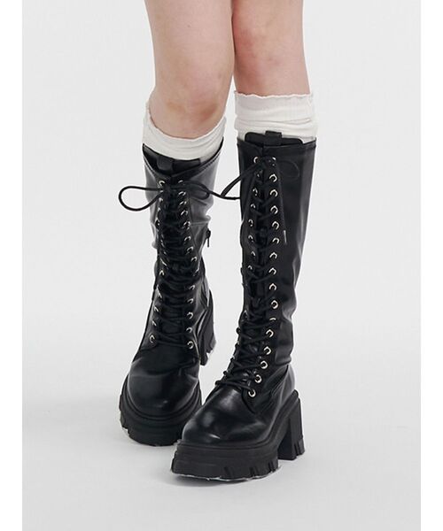 ストレッチレースアップロングブーツ 厚底 靴 冬服（ブーツ）｜jouetie