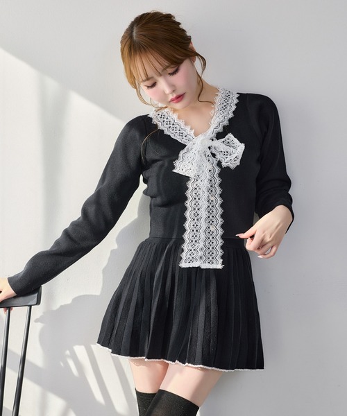セール】レース襟配色ニットセットアップ（セットアップ）｜one after