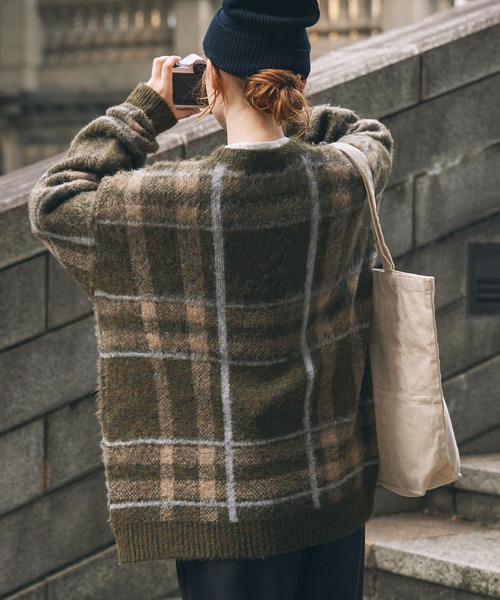 チェック柄 ジャガード オーバーサイズ ニットプルオーバー MONO-MART