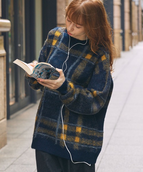 チェック柄 ジャガード オーバーサイズ ニットプルオーバー MONO-MART